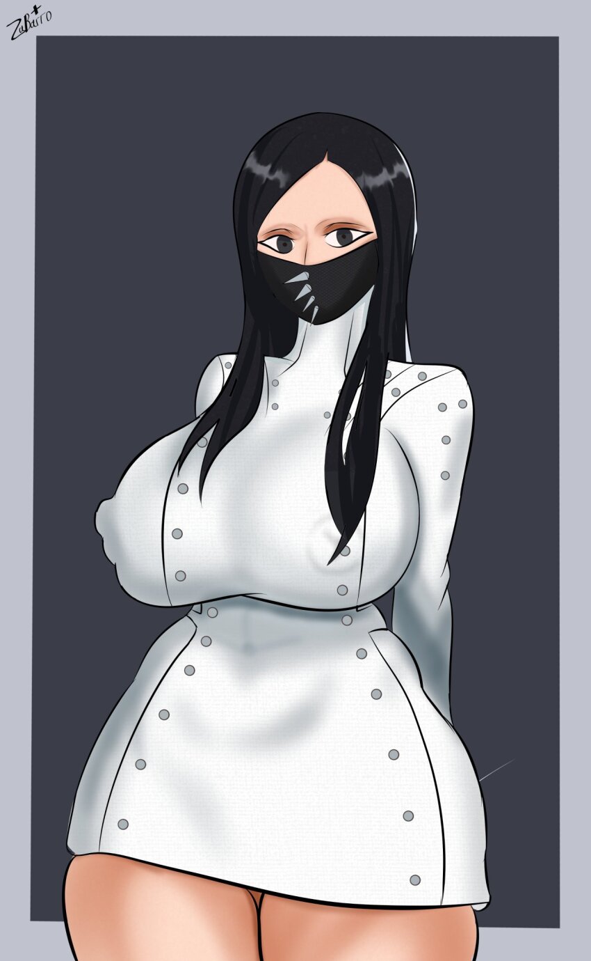 1girl as_nodt black_eyes black_hair bleach bleach:_sennen_kessen-hen breasts genderswap genderswap_(mtf) goth_fashion highres large_breasts long_hair mask mature_female miniskirt sexually_suggestive skirt white_skirt za_barro