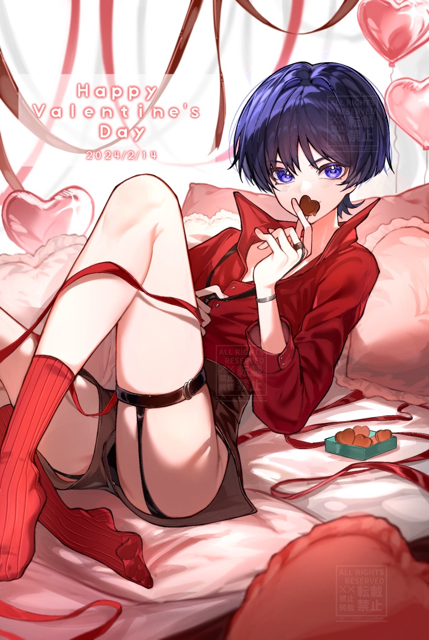 1boy alternate_costume balloon black_necktie black_shorts blunt_ends brown_ribbon candy chocolate chocolate_heart clothes_grab collar collared_shirt crotch dated eyeliner eyeshadow food garter_belt genshin_impact hair_intakes happy_valentine heart heart-shaped_food heart_balloon high_collar highres holding holding_chocolate holding_food light_blush long_sleeves looking_at_viewer lying makeup male_focus necktie necktie_grab neckwear_grab nero_hanken on_back on_bed pillow purple_eyes purple_hair red_collar red_eyeliner red_eyeshadow red_ribbon red_shirt red_sleeves red_socks ribbed_socks ribbon scaramouche_(genshin_impact) shirt shorts socks solo tsurime wispy_bangs