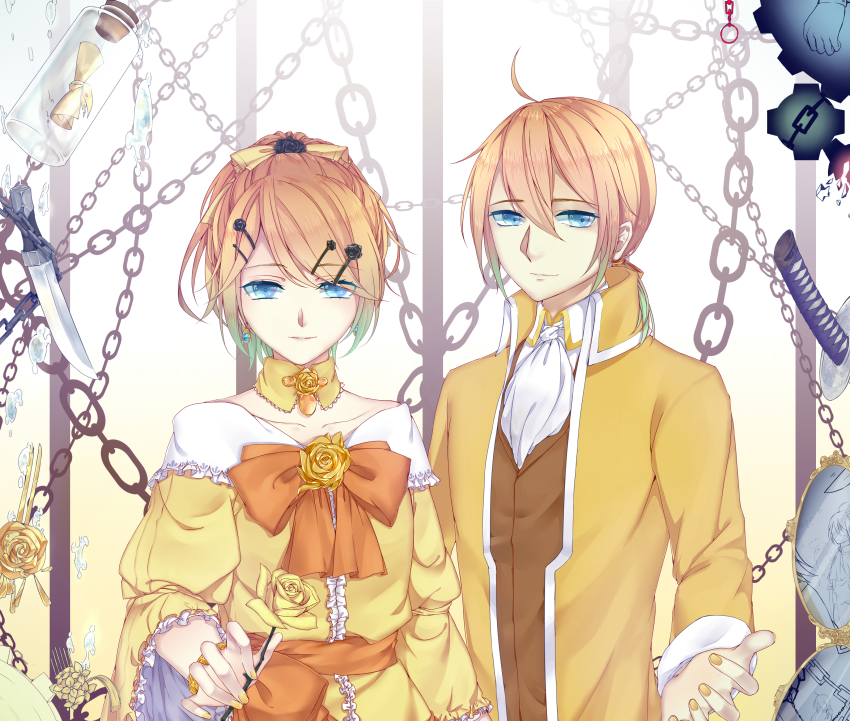 1boy 1girl absurdres ahoge aku_no_meshitsukai_(vocaloid) aku_no_musume_(vocaloid) allen_avadonia blonde_hair blue_eyes bracelet brother_and_sister chain dress earrings enbizaka_no_shitateya_(vocaloid) evillious_nendaiki flower gradient_hair hair_flower hair_ornament hair_ribbon hairpin highres jacket jewelry kagamine_len kagamine_rin katana knife long_sleeves looking_at_viewer message_in_a_bottle mirror multicolored_hair nail_polish popped_collar re_birthday_(vocaloid) regret_message_(vocaloid) ribbon riliane_lucifen_d&#039;autriche rose short_hair siblings smile sword twins vest vocaloid weapon yellow_flower yellow_nails yellow_rose