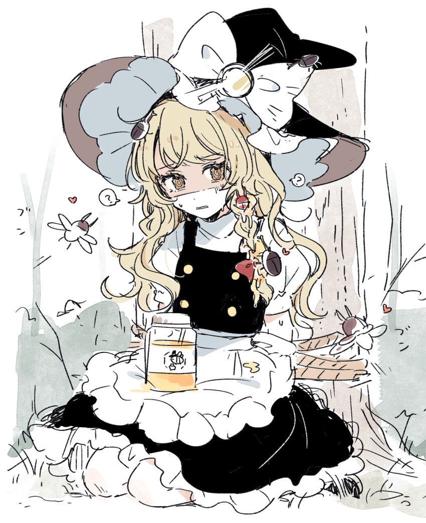 1girl ? @_@ apron arms_behind_back bee black_hat black_shoes black_skirt black_vest blonde_hair bound bound_arms bow braid bug bush commentary_request eyelashes forest frilled_apron frilled_hat frilled_skirt frills full_body hair_bow hat hat_bow heart highres honey insect kirisame_marisa ladybug long_hair mozukuzu_(manukedori) nature on_ground open_mouth outdoors parted_lips puffy_short_sleeves puffy_sleeves red_bow scared seiza shaded_face shirt shoes short_sleeves single_braid sitting skirt skirt_set socks solo spoken_question_mark sweat sweatdrop tied_up_(nonsexual) touhou tree turtleneck under_tree vest waist_apron wavy_hair wavy_mouth white_apron white_shirt white_sleeves white_socks witch_hat yellow_bow yellow_eyes