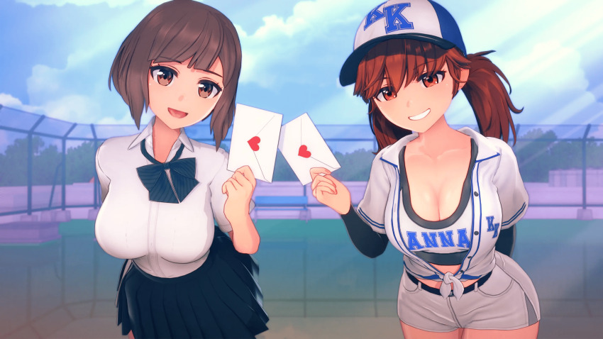 2girls 3d anna_anon anna_skyler_(anna_anon) baseball_cap baseball_uniform black_skirt breasts brown_hair ela_amano_(anna_anon) envelope hat highres holding holding_envelope looking_at_viewer multiple_girls non-web_source orange_eyes pleated_skirt school_uniform short_hair short_twintails skirt sportswear thighs twintails