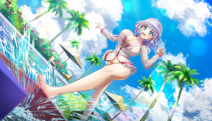 1girl barefoot bikini blue_eyes bouncing_breasts breasts bush cleavage cosplay day dead_or_alive dead_or_alive_xtreme_venus_vacation dolphin_wave frilled_bikini frills game_cg grey_hair highres hood hoodie kukuri_tomo large_breasts medium_hair misaki_(doa) misaki_(doa)_(cosplay) multicolored_hair non-web_source official_alternate_costume official_art ootomo_takuji open_mouth palm_tree pink_hair pink_streaks platform pool see-through_hoodie solo splashing streaked_hair sunlight surprised swimsuit tree umbrella wavy_hair wet wet_clothes
