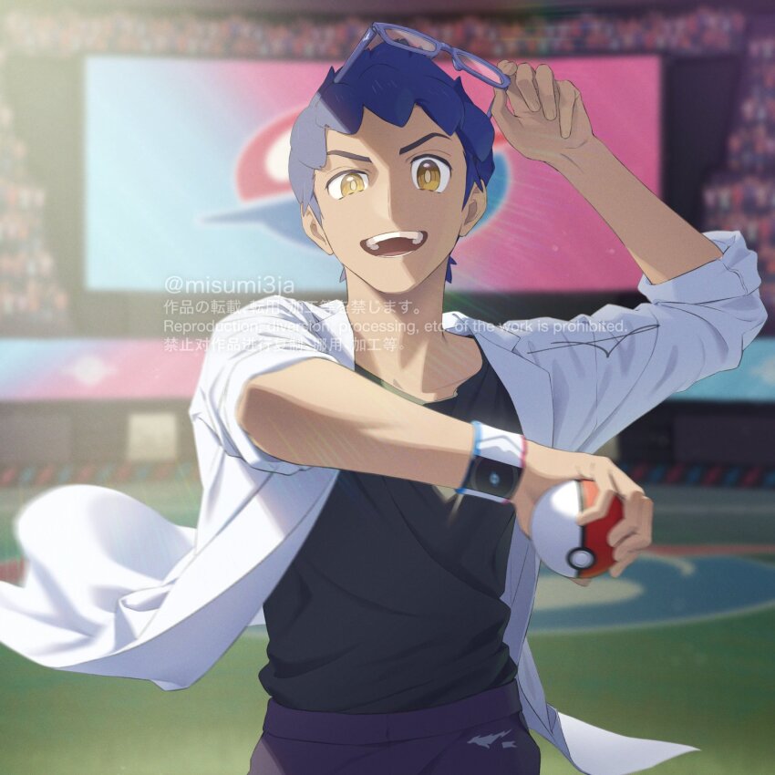 1boy adjusting_eyewear aged_up arm_up black_shirt bright_pupils coat commentary_request creatures_(company) dynamax_band game_freak half-closed_eye highres holding holding_poke_ball hop_(pokemon) looking_at_viewer male_focus nintendo open_clothes open_coat open_mouth pants poke_ball poke_ball_(basic) pokemon pokemon_swsh sankaku shirt short_hair solo stadium teeth tongue watermark white_coat yellow_eyes