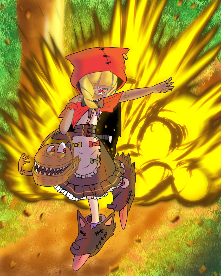 chaperomon digimon digimon_(creature) explosion highres hood red_eyes ribbon sharp_teeth smile solo teeth