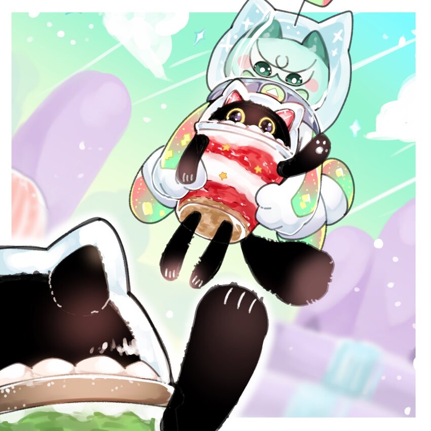 black_fur body_fur cat cup cupsie_yummy duel_monster highres lollipo_yummy midair no_humans rin_ms_no waving yu-gi-oh! yummy_snatchy