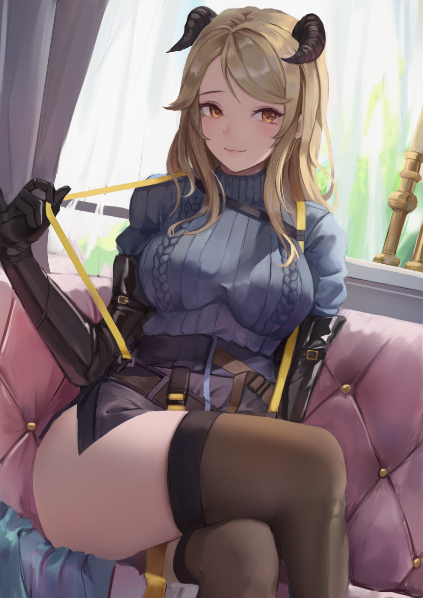 1girl absurdres aran_sweater arknights black_gloves blue_sweater breasts brown_eyes brown_hair brown_thighhighs cable_knit commentary couch crossed_legs curtains dutch_angle elbow_gloves eru_(eru_illust) feet_out_of_frame female_focus gloves highres horns indoors large_breasts long_hair looking_at_viewer meteorite_(arknights) ribbed_sweater sitting smile solo suspenders suspenders_pull sweater thighhighs thighs turtleneck turtleneck_sweater