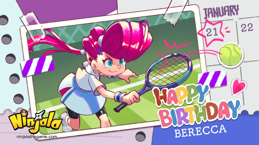 1girl ankle_socks aqua_eyes asymmetrical_hair ball berecca_(ninjala) big_hair bike_shorts blue_pupils chain-link_fence character_name child closed_mouth collar collared_shirt commentary_request copyright_name copyright_notice english_text eyelashes fence field hair_ornament hair_tubes hairclip happy_birthday heart heart_sticker highres january logo long_hair masking_tape ninjala official_art outdoors outline paper photo_(object) pink_hair playing_sports pompadour purple_outline racket rianti-wong second-party_source shirt shoes short_sleeves shorts shorts_under_skirt shuriken side_slit sidecut skirt smile smirk sneakers socks solo sportswear star_(symbol) sticker straight_hair striped_wristband tape tennis tennis_ball tennis_racket tennis_uniform undercut v-shaped_eyebrows very_long_hair weapon white_collar white_shirt white_shoes white_skirt white_socks wing_collar wristband