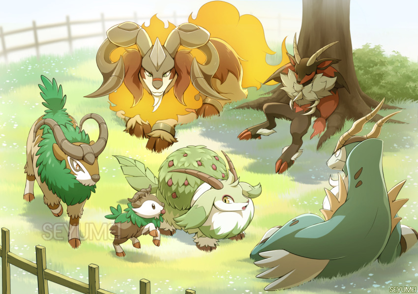 1other arms_behind_head arsox artist_name border bush caprity cobalion commentary creature creature_focus crossover day english_commentary fading_border fence gen_5_pokemon gen_6_pokemon gogoat grass horns incineram legendary_pokemon looking_at_another nintendo outdoors pal_(creature) palworld pokemon pokemon_(creature) seyumei simple_flower skiddo sleeping sleeping_upright watermark