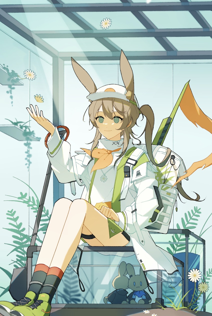 1girl absurdres amiya_(arknights) animal_ears aqua_eyes arknights arm_up backpack bag black_socks brown_hair chinese_commentary closed_mouth commentary_request dot_nose flower full_body green_shoes hat highres jacket kneehighs long_hair long_sleeves loning_(loning19920894) open_clothes open_jacket peaked_cap plant ponytail shirt shoes sitting smile sneakers socks solo stuffed_animal stuffed_toy turtleneck turtleneck_shirt white_flower white_hat white_jacket white_shirt