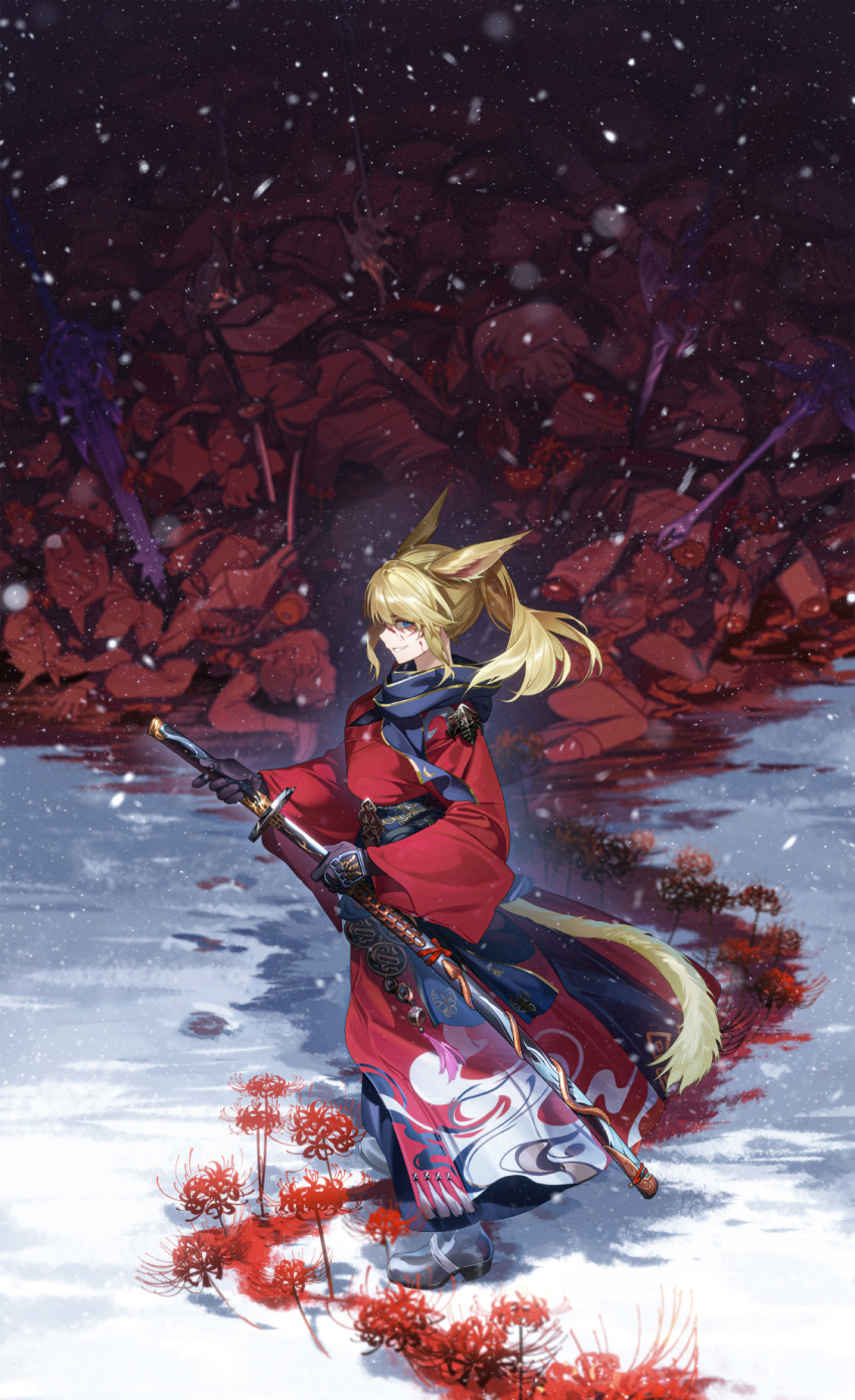 1girl animal_ears blonde_hair blood_on_snow blue_eyes breasts cat_ears cat_tail disembodied_hand evil_grin evil_smile final_fantasy final_fantasy_xiv flower from_side full_body gloves greatsword grey_footwear grin highres holding holding_sword holding_weapon japanese_clothes katana kimono long_bangs looking_at_viewer mage_staff medium_hair miqo&#039;te pile_of_corpses ponytail purple_gloves red_flower red_kimono rff_(3_percent) samurai shaded_face sheathing small_breasts smile snow snowing solo_focus sword tail warrior_of_light_(ff14) weapon