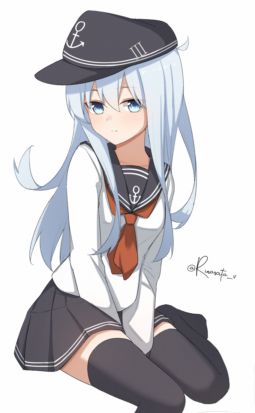 1girl anchor_symbol aticsanir between_legs black_sailor_collar blue_eyes blush commentary flat_cap grey_hair hair_between_eyes hand_between_legs hat hibiki_(kancolle) highres kantai_collection long_hair long_sleeves looking_at_viewer neckerchief pleated_skirt red_neckerchief sailor_collar school_uniform serafuku sitting skirt smile solo thighhighs twitter_username white_background