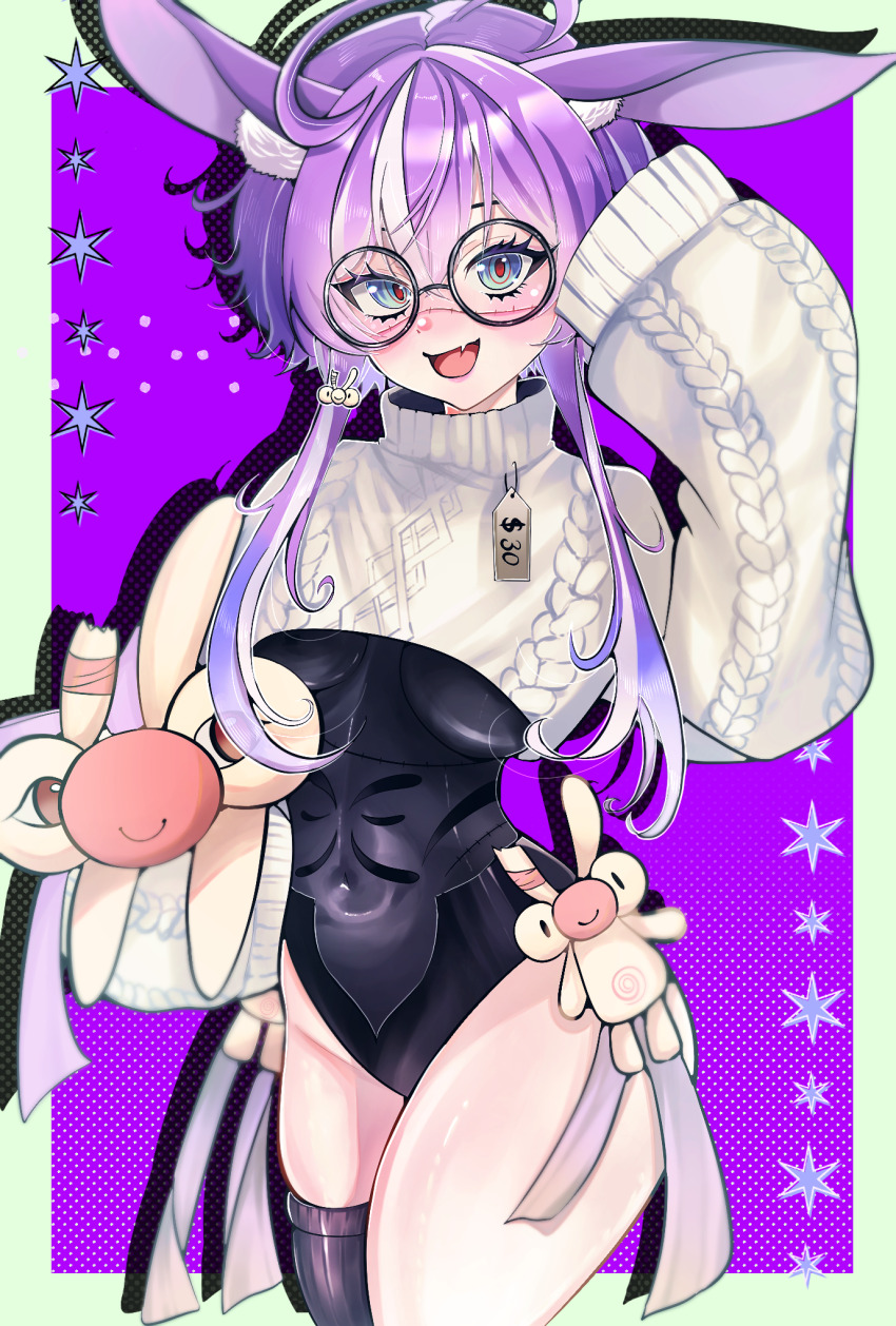 1girl ahoge animal_ears aqua_eyes black_leotard breasts fang ginpe_souda highres jared_(michi_mochievee) large_breasts leotard long_hair michi_mochievee michi_mochievee_(bunny) patchwork_skin purple_hair purple_thighhighs rabbit_ears rabbit_girl sidelocks single_thighhigh skin_fang solo sweater thighhighs virtual_youtuber vshojo white_hair white_sweater