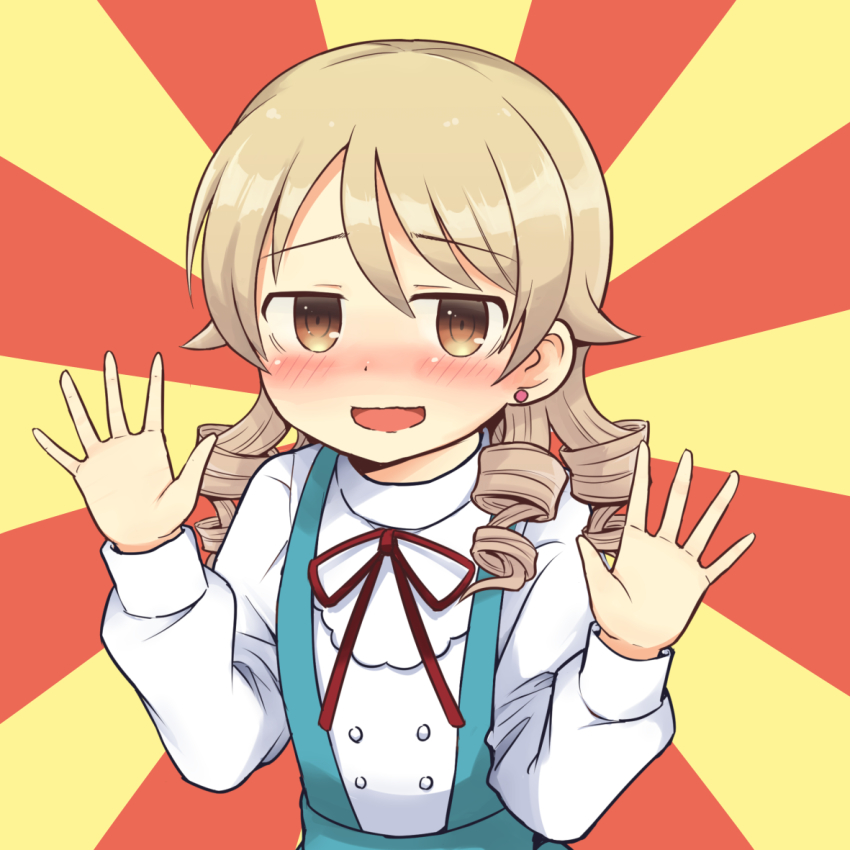 1girl blouse blush brown_eyes commentary_request drill_hair earrings female_focus hands_up idolmaster idolmaster_cinderella_girls jewelry light_brown_hair long_hair long_sleeves looking_at_viewer macedonian_flag morikubo_nono neck_ribbon open_mouth red_ribbon ribbon shirt smile solo spread_fingers stud_earrings sunburst upper_body wavy_mouth white_shirt yandama