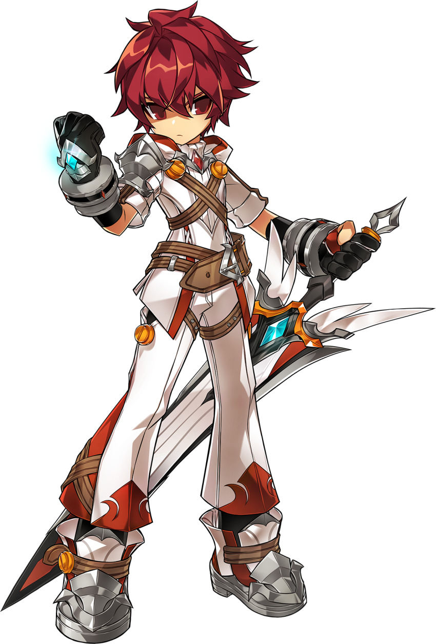1boy armor armored_boots belt black_gloves black_socks blue_gemstone boots bracelet brown_belt chest_belt clenched_hand closed_mouth collared_shirt crossed_belts determined dress_pants elsword elsword_(character) full_body game_cg gem gloves glowing_gem grey_boots hair_between_eyes hand_jewel highres holding holding_behind_back holding_sword holding_weapon holding_weapon_behind_back hood hood_down hooded_jacket jacket jewelry light_frown long_sword looking_at_viewer loose_hair_strand male_focus messy_hair multicolored_boots multiple_belts official_art pants partially_fingerless_gloves pauldrons red_brooch red_eyes red_hair ress second-party_source shirt short_hair short_sleeves shoulder_armor sleeve_cuffs socks solo standing striped_belt sword transparent_background tsurime two-tone_boots weapon white_boots white_jacket white_pants white_shirt