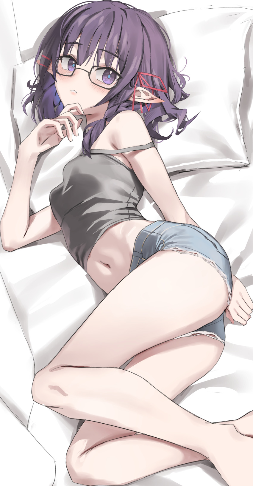 1girl absurdres barefoot camisole commission cutoffs glasses grey_camisole highres long_hair looking_at_viewer lying midriff navel on_side original pillow pointy_ears purple_eyes purple_hair scarlet_(wv0102) semi-rimless_eyewear shorts solo under-rim_eyewear