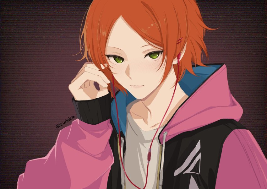 1boy aoi_hinata cable drawstring earphones ensemble_stars! green_eyes hair_ornament hairclip hand_up highres holding holding_earphones hood jacket kina_(2winkin) light_smile long_sleeves looking_at_viewer male_focus orange_hair parted_bangs pink_jacket portrait puffy_long_sleeves puffy_sleeves shirt short_hair sleeves_past_wrists track_jacket white_shirt
