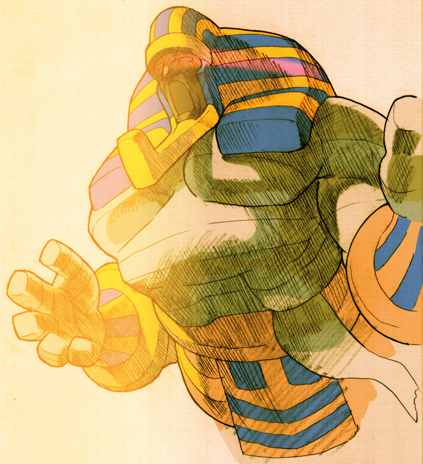 1boy :o anakaris ancient_egyptian bandaged_chest bandages bengus capcom darkstalkers facing_up game_cg highres male_focus marvel_vs._capcom marvel_vs._capcom_2 monster mummy naked_bandage non-web_source official_art open_hands open_mouth outstretched_arms red_eyes scan sidelighting simple_background solo standing undead