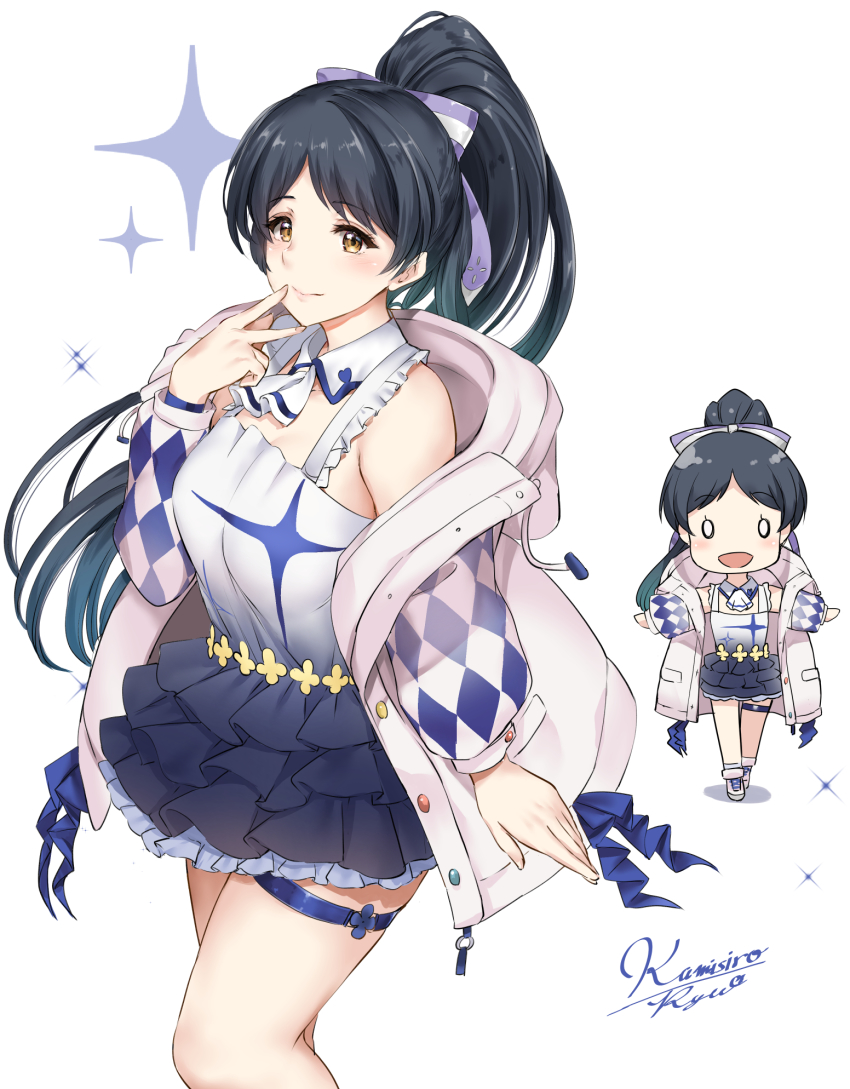 1girl black_hair blue_dress bow chibi coat dress gradient_clothes gradient_dress hair_bow hajimari_wa_kimi_no_sora hazuki_ren high_ponytail highres kamishiro_ryuu love_live! love_live!_superstar!! multiple_views ponytail simple_background thigh_strap white_background white_coat white_dress yellow_eyes