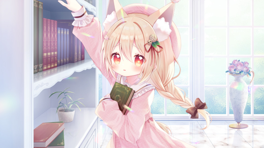 1girl absurdres animal_ear_fluff animal_ears arm_up beret blonde_hair book bow braid brown_bow collared_dress commentary_request commission dress extra_ears flower furrowed_brow gradient_eyes hair_between_eyes hair_bow hair_flower hair_ornament hair_ribbon hanamura_lily hat highres holding holding_book long_hair long_sleeves looking_at_viewer mismatched_pupils momose_kumino multicolored_eyes open_mouth original pink_dress red_eyes red_ribbon ribbon skeb_commission solo star-shaped_pupils star_(symbol) symbol-shaped_pupils twin_braids two-tone_eyes yellow_eyes yellow_pupils