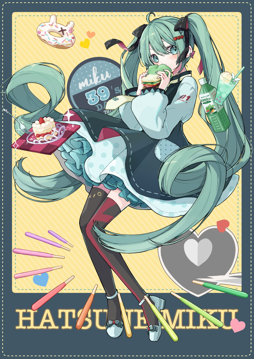 1girl 39 absurdres ahoge aqua_eyes aqua_nails black_ribbon blue_dress blue_footwear blush burger butterfly_earrings cake character_name commentary_request covered_mouth double-parted_bangs donut dress drinking_straw earrings eating food fork frilled_dress frills full_body green_hair green_necktie grey_thighhighs hair_between_eyes hair_ornament hair_ribbon hands_up hatsune_miku heart heart_hair_ornament highres holding holding_burger holding_food jewelry knees_together_feet_apart layered_dress long_hair long_sleeves looking_to_the_side melt_(vocaloid) nagitofuu nail_polish necktie pocky polka_dot polka_dot_dress poppippoo_(vocaloid) puffy_long_sleeves puffy_sleeves ribbon simple_background solo songover sparkle strawberry_cake strawberry_pocky thighhighs tie_clip twintails unhappy_refrain_(vocaloid) vegetable_juice very_long_hair vocaloid world_is_mine_(vocaloid) zettai_ryouiki