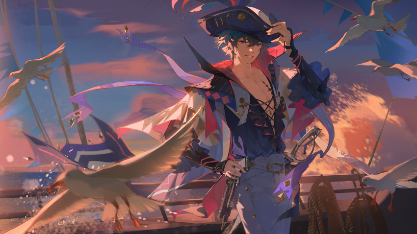 1boy absurdres belt bird blue_shirt brant_(wuthering_waves) grin gunbelt hand_on_own_hat hashtag-only_commentary hat hat_feather highres holding holding_unworn_clothes holding_unworn_hat looking_at_viewer mystical_high_collar open_clothes open_shirt outdoors pants pectorals purple_eyes shirt smile solo standing sword tacet_mark_(wuthering_waves) tricorne unworn_hat unworn_headwear water weapon white_pants wuthering_waves yuyumu