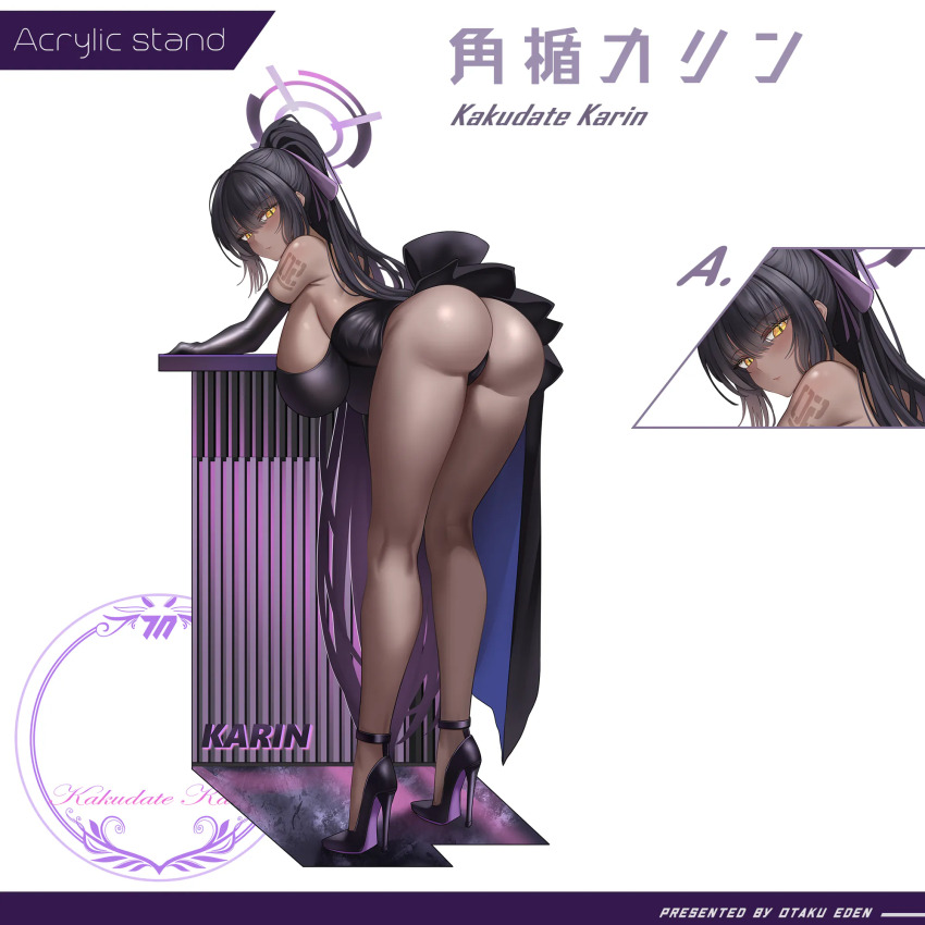 1girl ass bare_shoulders bent_over black_hair black_panties blue_archive blunt_bangs blush breasts dark_skin dress full_body gloves hair_ribbon high_heels highres jinpaitugounan karin_(blue_archive) large_breasts leaning_forward long_hair looking_at_viewer looking_back panties ponytail ribbon shoulder_tattoo solo tattoo thighs underwear yellow_eyes