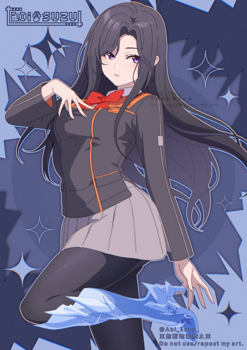 1girl aoi_suzu black_hair black_pantyhose highres long_hair original pantyhose pleated_skirt purple_eyes school_uniform shoes skirt standing standing_on_one_leg very_long_hair