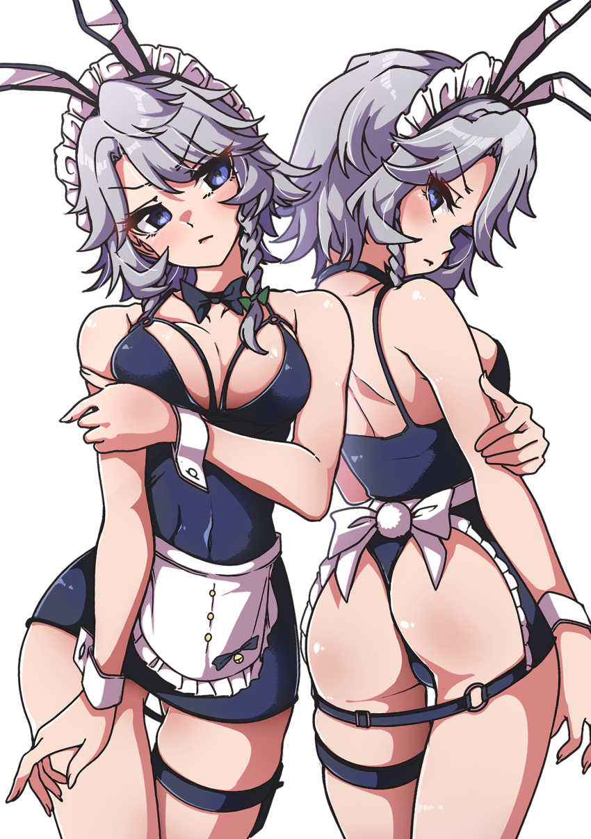 1girl adapted_costume animal_ear_hairband animal_ears apron arm_under_breasts ass back backboob bare_shoulders black_bow black_bowtie blue_eyes blue_leotard bow bowtie braid breasts closed_mouth commentary_request cowboy_shot fake_animal_ears fake_tail gokuu_(acoloredpencil) green_bow grey_hair hair_bow hairband highres izayoi_sakuya leotard looking_at_viewer looking_back maid_headdress medium_breasts multiple_views o-ring playboy_bunny rabbit_ear_hairband rabbit_ears rabbit_tail side_braid simple_background tail thigh_strap touhou v-shaped_eyebrows waist_apron white_apron white_background wrist_cuffs