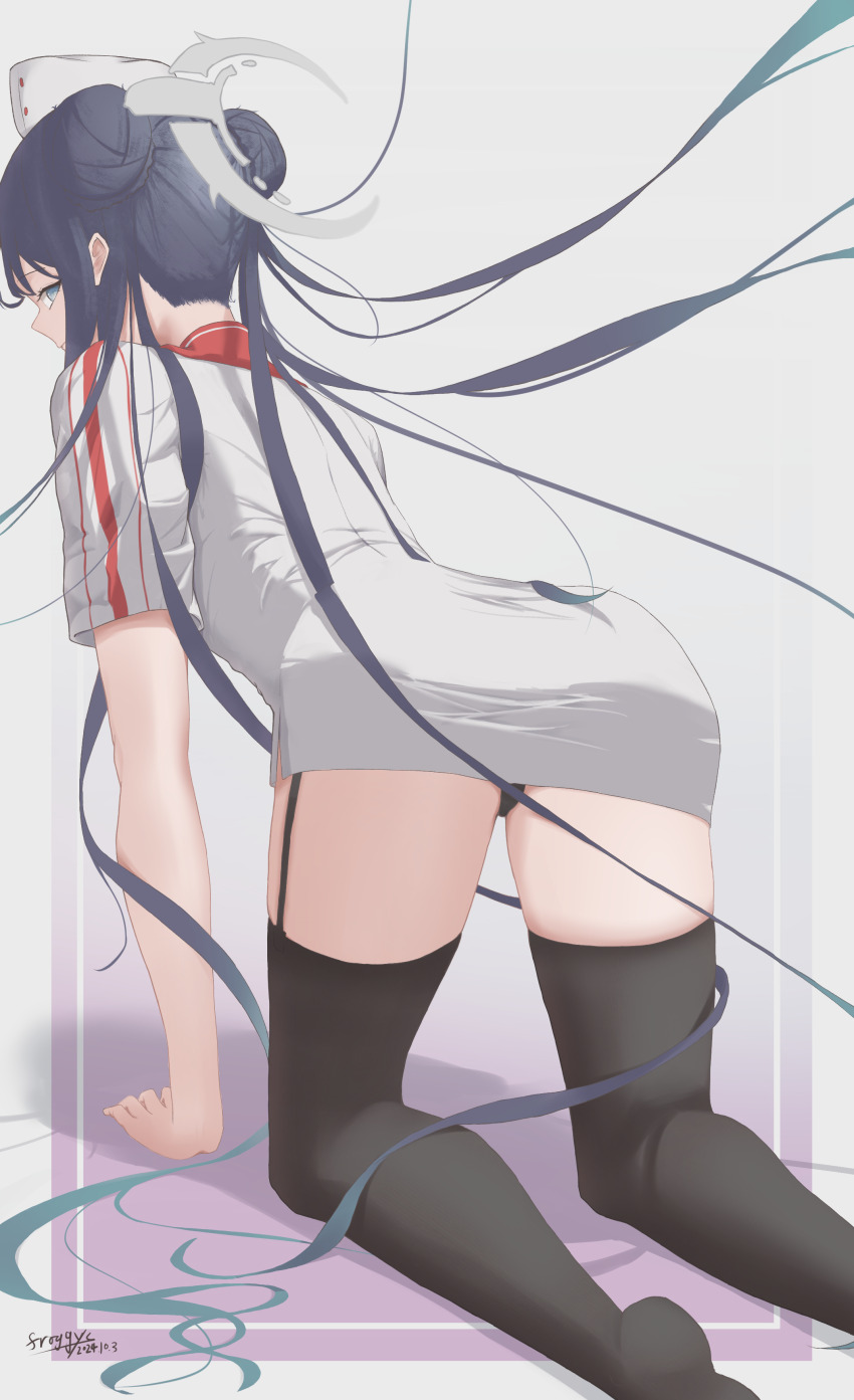 1girl absurdres all_fours alternate_costume black_hair black_panties black_thighhighs blue_archive chinese_commentary commentary_request double_bun dress floating_hair foot_out_of_frame froggy_(froggy_163) from_behind garter_straps grey_eyes grey_hat hair_bun hat highres kisaki_(blue_archive) long_hair looking_at_viewer looking_back no_shoes nurse nurse_cap panties short_dress short_sleeves signature simple_background solo thighhighs thighs twintails underwear very_long_hair white_background white_dress white_hat zettai_ryouiki