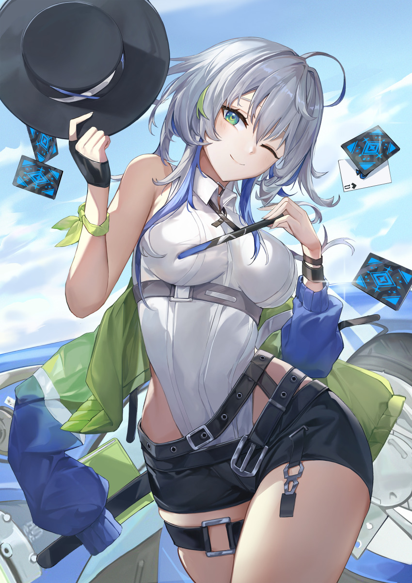1girl ;) absurdres ace_(playing_card) ace_of_spades ahoge bare_shoulders belt black_belt black_hat black_shorts blue_sky breasts card chasing_kaleidorider cloud collared_leotard commentary cowboy_shot day english_commentary eru_(eru_illust) floating_card green_eyes hair_between_eyes hands_up hat heart heart-shaped_pupils highres holding holding_unworn_clothes holding_unworn_hat holding_wand jacket leotard leotard_under_clothes light_blush looking_at_viewer medium_breasts medium_hair multicolored_hair multicolored_jacket nana_(chasing_kaleidorider) one_eye_closed playing_card ribbon shorts sky smile solo spade_(shape) streaked_hair symbol-shaped_pupils thigh_strap thighs two-tone_jacket underbust unworn_hat unworn_headwear wand white_hair white_leotard wrist_ribbon