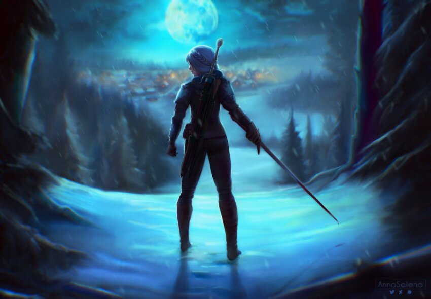 1girl absurdres anna_selena artist_name ciri deviantart_logo deviantart_username from_behind full_moon highres holding holding_sword holding_weapon moon night outdoors solo standing sword sword_on_back the_witcher_(series) the_witcher_4 tree twitter_logo twitter_username weapon weapon_on_back white_hair