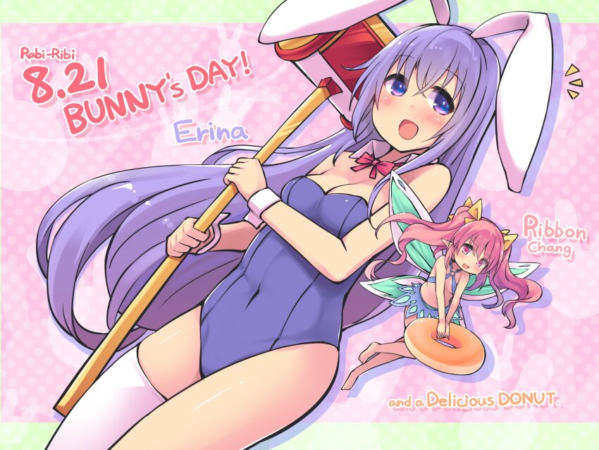 2girls animal_ears blush breasts bunny_day cleavage covered_navel detached_collar erina_(rabi-ribi) fairy fairy_wings hammer highres kkpnex leotard medium_breasts mini_person minigirl multiple_girls open_mouth toy_hammer pink_hair playboy_bunny purple_eyes purple_hair purple_leotard rabbit_ears rabbit_girl rabi-ribi ribbon_(rabi-ribi) single_thighhigh small_breasts thighhighs twintails wings wrist_cuffs