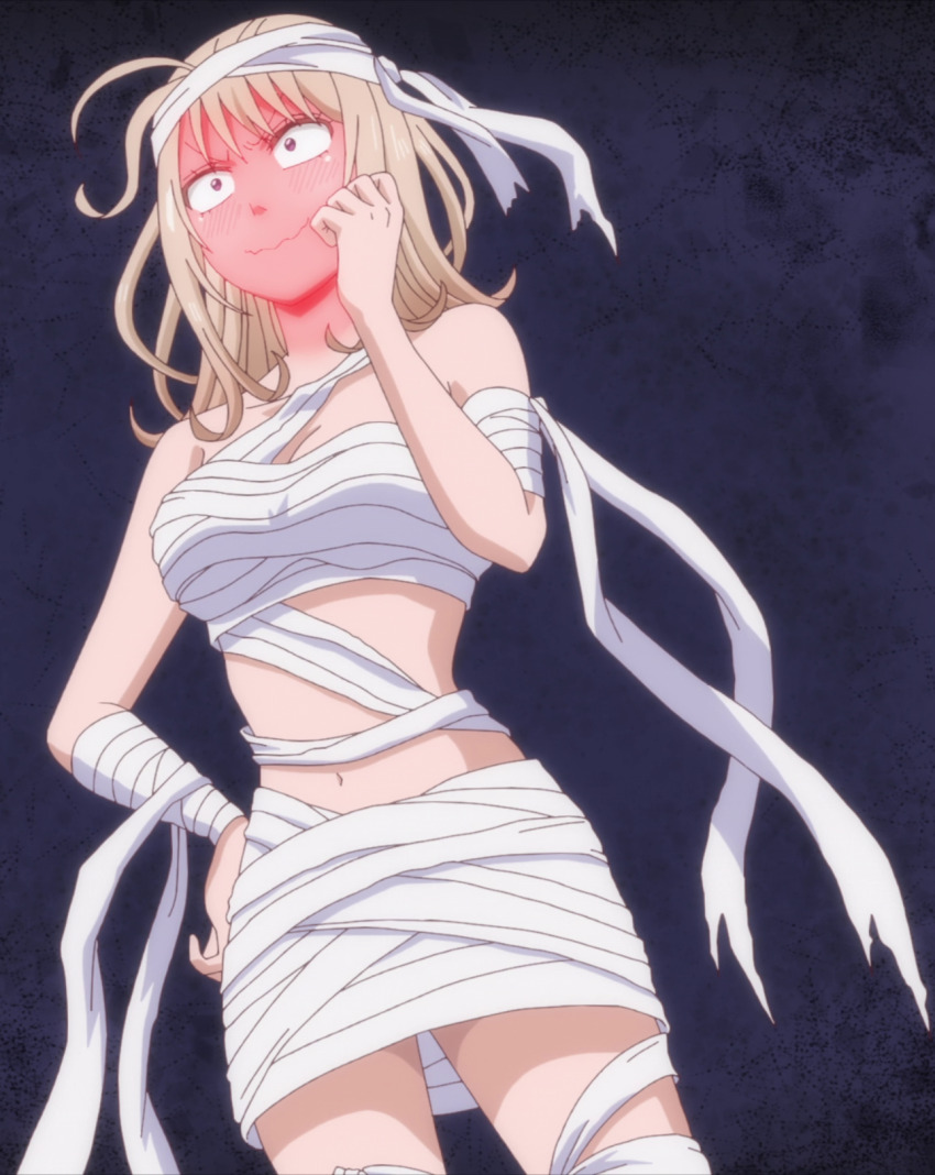 anime_screenshot bandages blonde_hair blush breasts cleavage full-face_blush hand_on_own_hip highres kawai_mona kuroiwa_medaka_ni_watashi_no_kawaii_ga_tsuujinai large_breasts miniskirt mummy_costume navel no_bra purple_eyes skirt smile stitched third-party_edit wavy_mouth