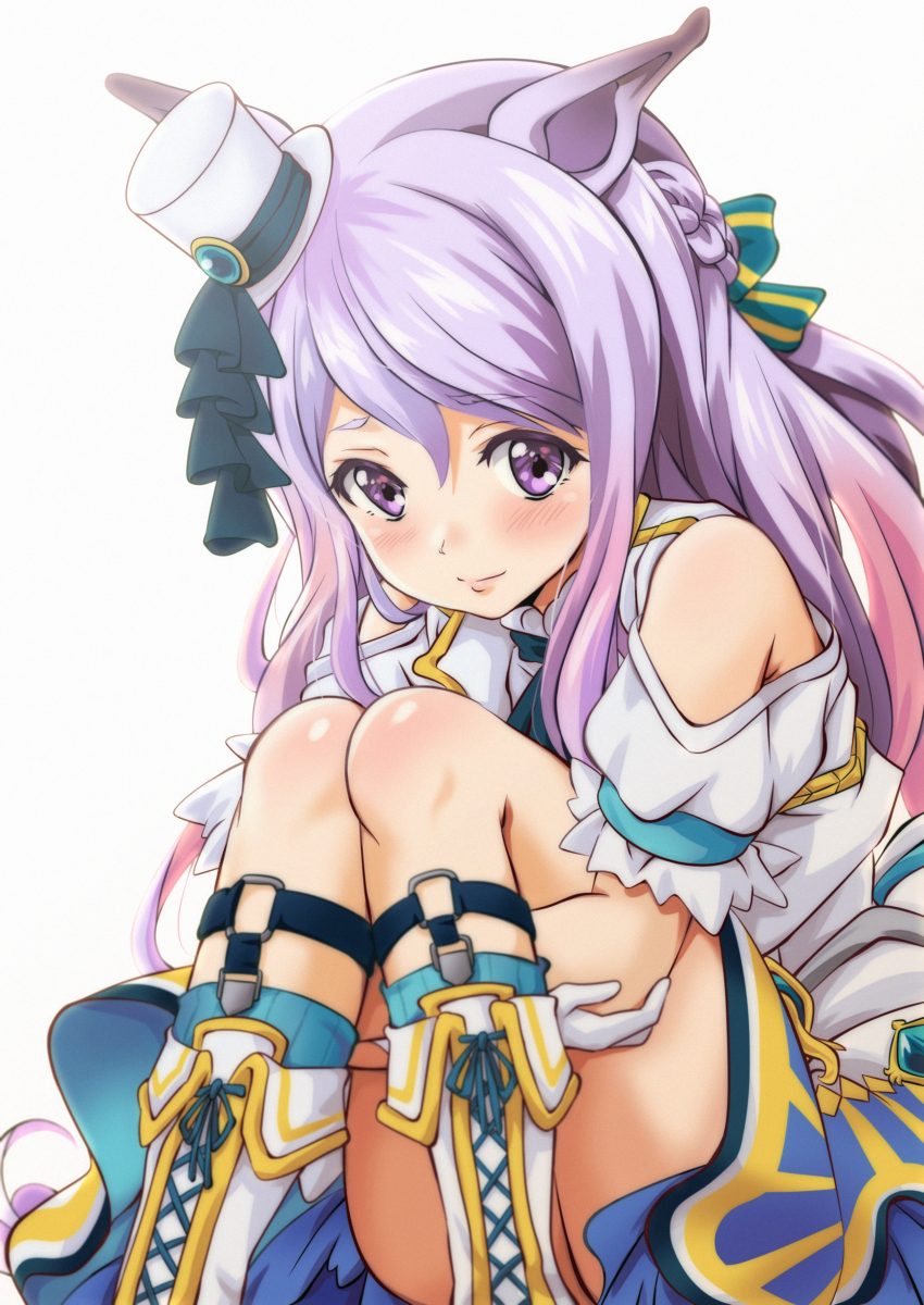 1girl absurdres animal_ears blush braid closed_mouth clothing_cutout gloves green_socks grey_background hat highres horse_ears horse_girl hugging_own_legs jacket kurumiyasan_ns legwear_garter long_hair looking_at_viewer mejiro_mcqueen_(end_of_sky)_(umamusume) mejiro_mcqueen_(umamusume) mini_hat mini_top_hat purple_eyes purple_hair shirt short_sleeves shoulder_cutout simple_background sitting smile socks solo top_hat umamusume white_footwear white_gloves white_jacket white_shirt