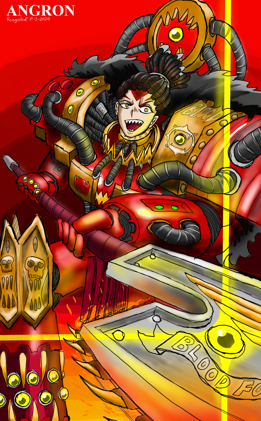 absurdres adeptus_astartes angron angry armor chainsaw chainsword chaos_(warhammer) chaos_space_marine character_request dreadlocks glint highres holding non-web_source sharp_teeth shoulder_armor teeth weapon world_eaters yellow_eyes