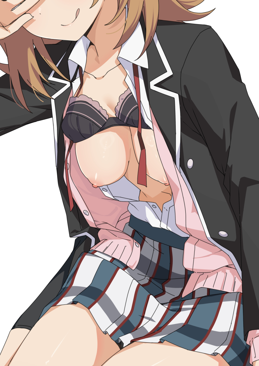 1girl :q black_bra black_jacket bra bra_lift breasts breasts_out brown_hair collarbone highres isshiki_iroha jacket medium_breasts medium_hair morisobo nipples open_clothes open_jacket pink_sweater_vest school_uniform shirt simple_background skirt solo sweater_vest tongue tongue_out underwear white_background white_shirt yahari_ore_no_seishun_lovecome_wa_machigatteiru.