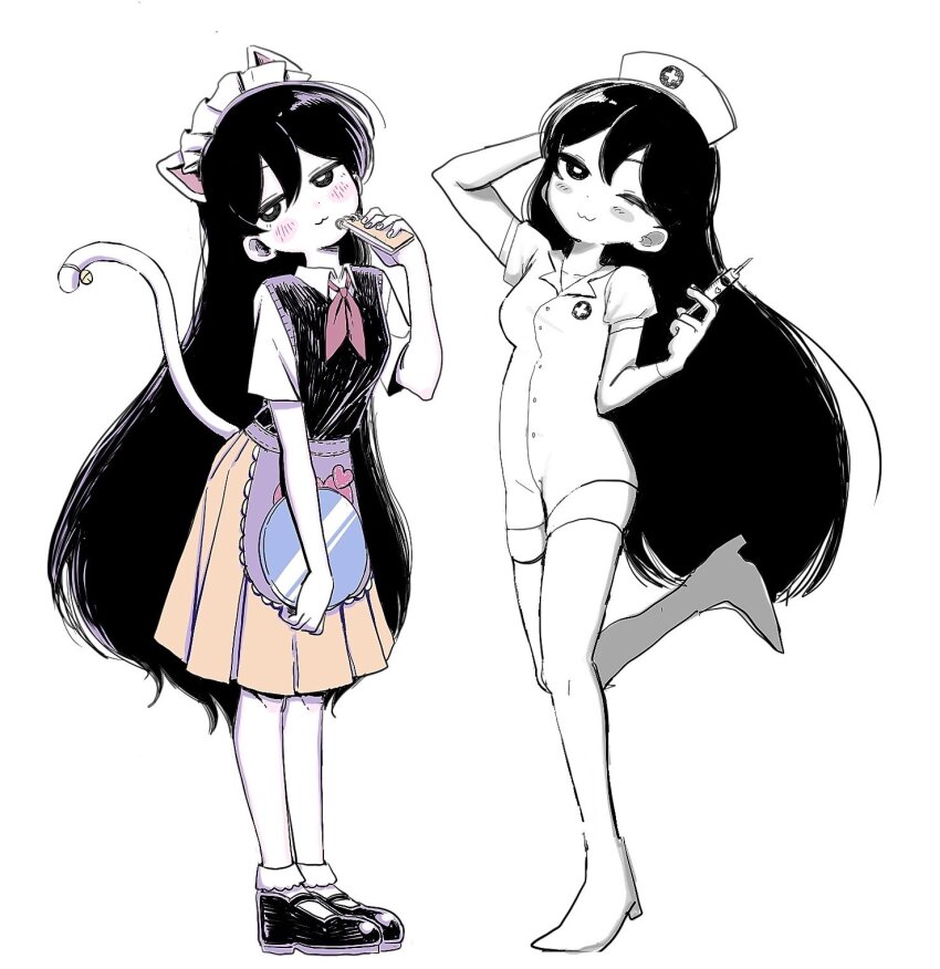 1girl :3 alternate_costume animal_ears black_eyes black_footwear black_hair black_sweater_vest breasts bright_pupils collared_shirt fake_animal_ears fake_tail hat highres holding holding_notepad holding_syringe long_hair mari_(faraway)_(omori) mari_(omori) neckerchief notepad nurse nurse_cap omori pleated_skirt red_neckerchief shirt short_hair skirt small_breasts socks solo sweater_vest syringe tail tate_ware_anal white_pupils white_shirt white_socks