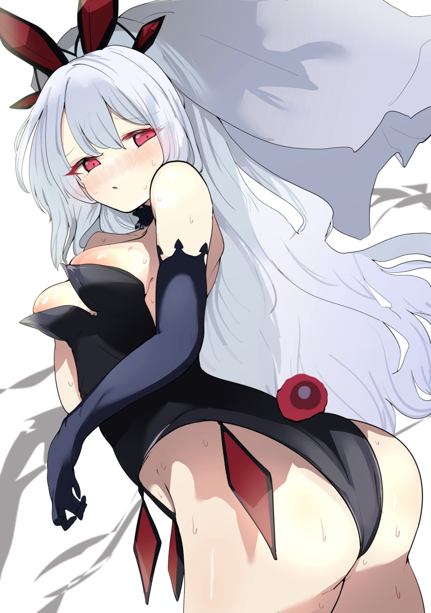 1girl areola_slip ass bare_shoulders black_gloves black_leotard blush cowboy_shot duel_monster elbow_gloves embarrassed gloves guiding_quem_the_virtuous highres kawa_mura leotard long_hair looking_back no_bra red_eyes simple_background solo sweat veil white_background white_hair yu-gi-oh!