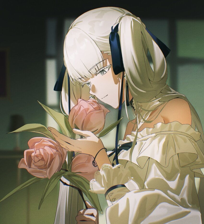 1girl bad_id bad_twitter_id bare_shoulders blue_bow blurry blurry_background bow closed_mouth collar colored_eyelashes commentary detached_collar flower from_side hair_bow hashtag-only_commentary highres holding holding_flower indoors jinhsi_(wuthering_waves) light_smile long_hair looking_at_flowers nakmini off-shoulder_shirt off_shoulder shirt smelling smelling_flower solo white_collar white_eyelashes white_eyes white_hair white_shirt wuthering_waves