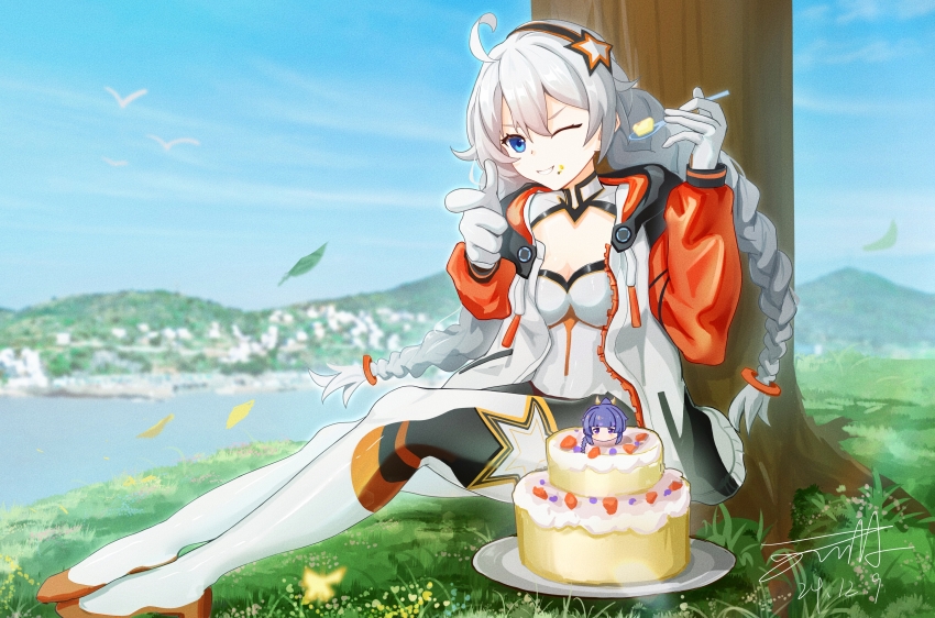 1girl absurdres ahoge aiming aiming_at_viewer bird birthday blue_eyes bodysuit braid cake chinese_commentary cleavage_cutout clothing_cutout commentary dated finger_gun food food_on_face full_body grin hair_ornament highres hill holding holding_spoon honkai_(series) honkai_impact_3rd hood hoodie kiana_kaslana kiana_kaslana_(white_comet) layer_cake long_hair one_eye_closed orange_sleeves raiden_mei river signature sitting smile solo spoon star_(symbol) star_hair_ornament tree twin_braids under_tree very_long_hair white_bodysuit white_hair white_hoodie xiachuanyoumu