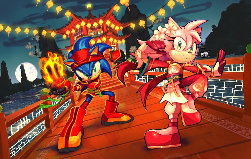 1boy 1girl absurdres amy_rose artist_collaboration blue_fur body_fur chinese_new_year daeream fire full_body full_moon green_eyes highres jacket kornart moon pink_fur red_jacket sonic_(series) sonic_the_hedgehog standing v