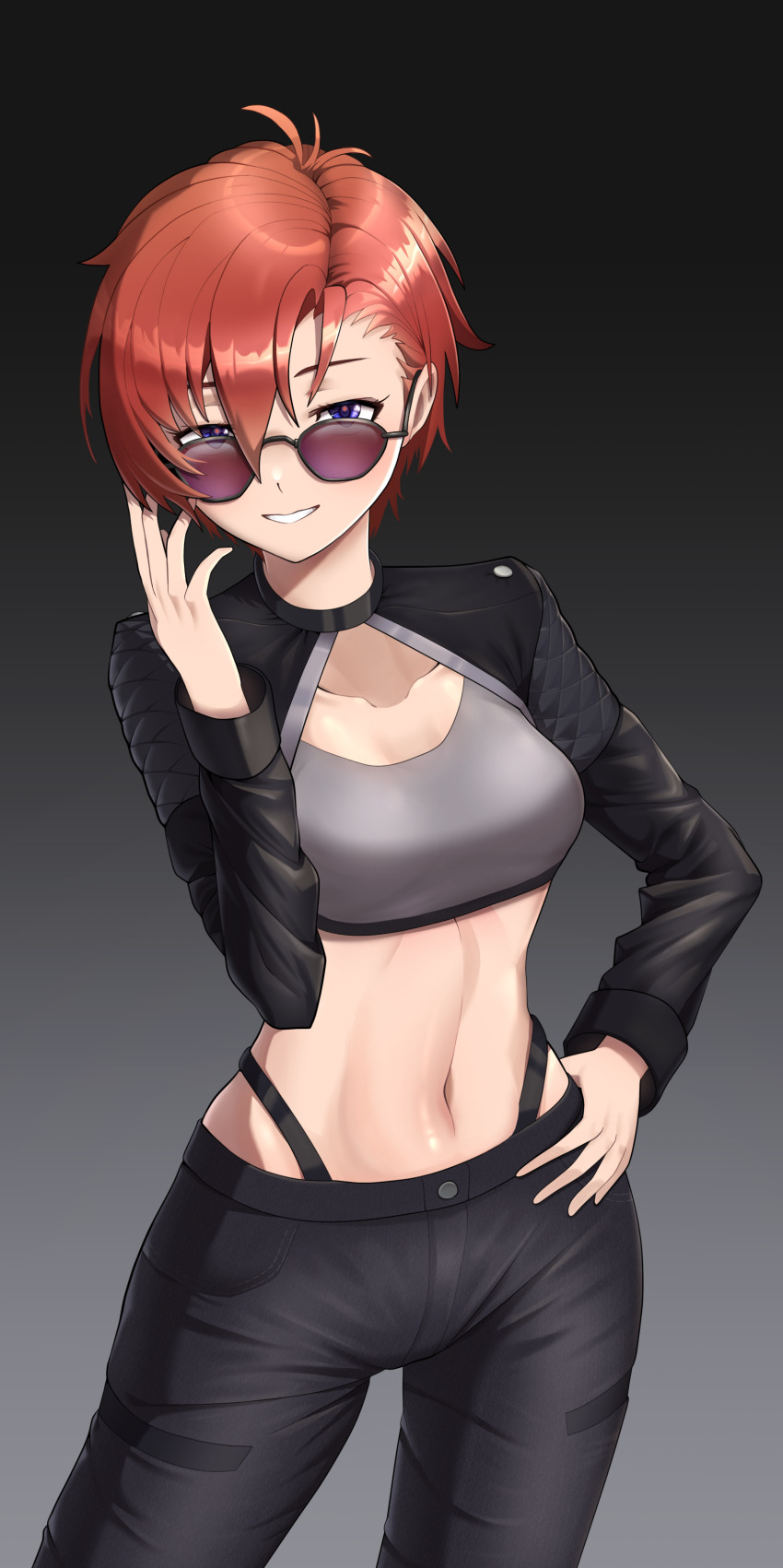 1girl absurdres adjusting_eyewear alternate_hairstyle asymmetrical_bangs asymmetrical_hair black-framed_eyewear black_panties black_pants blue_eyes breasts clothing_cutout collarbone cowboy_shot crop_top eyelashes gradient_background grey_background grin hair_between_eyes hair_slicked_back halterneck hand_on_own_hip hand_up highleg highleg_panties highres idolmaster idolmaster_million_live! idolmaster_million_live!_theater_days jonero99 julia_(idolmaster) long_bangs long_sleeves looking_at_viewer looking_over_eyewear medium_breasts messy_hair midriff navel panties pants parted_bangs punk purple-tinted_eyewear red_hair short_hair smile solo standing stomach sunglasses swept_bangs tinted_eyewear tomboy underwear