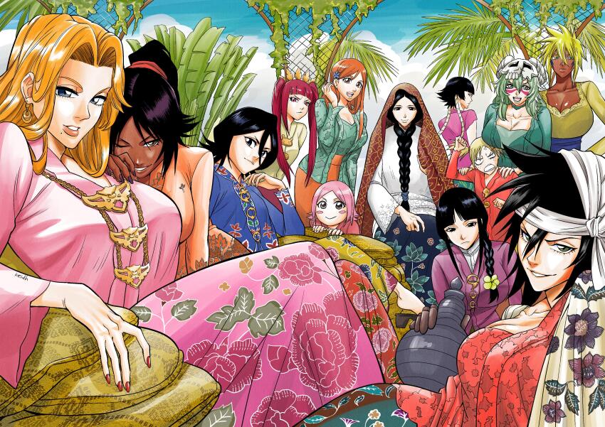 6+girls :d absurdres annoyed aqua_hair aqua_shirt barefoot black_eyes black_hair bleach blonde_hair blue_shirt blue_sky blunt_bangs braid breasts cleavage closed_mouth dark-skinned_female dark_skin day dokugamine_riruka dress espada floral_print hair_between_eyes highres inoue_orihime kei_dragonsheaven kuchiki_rukia kurotsuchi_nemu kusajishi_yachiru large_breasts long_sleeves looking_at_viewer matsumoto_rangiku multiple_girls nelliel_tu_odelschwanck open_mouth orange_dress orange_hair orange_skirt pink_dress pink_hair ponytail print_dress red_hair sarugaki_hiyori shiba_kuukaku shihouin_yoruichi shirt short_hair single_braid sitting skirt sky smile sui-feng tier_harribel twintails unohana_retsu wide_sleeves yellow_shirt
