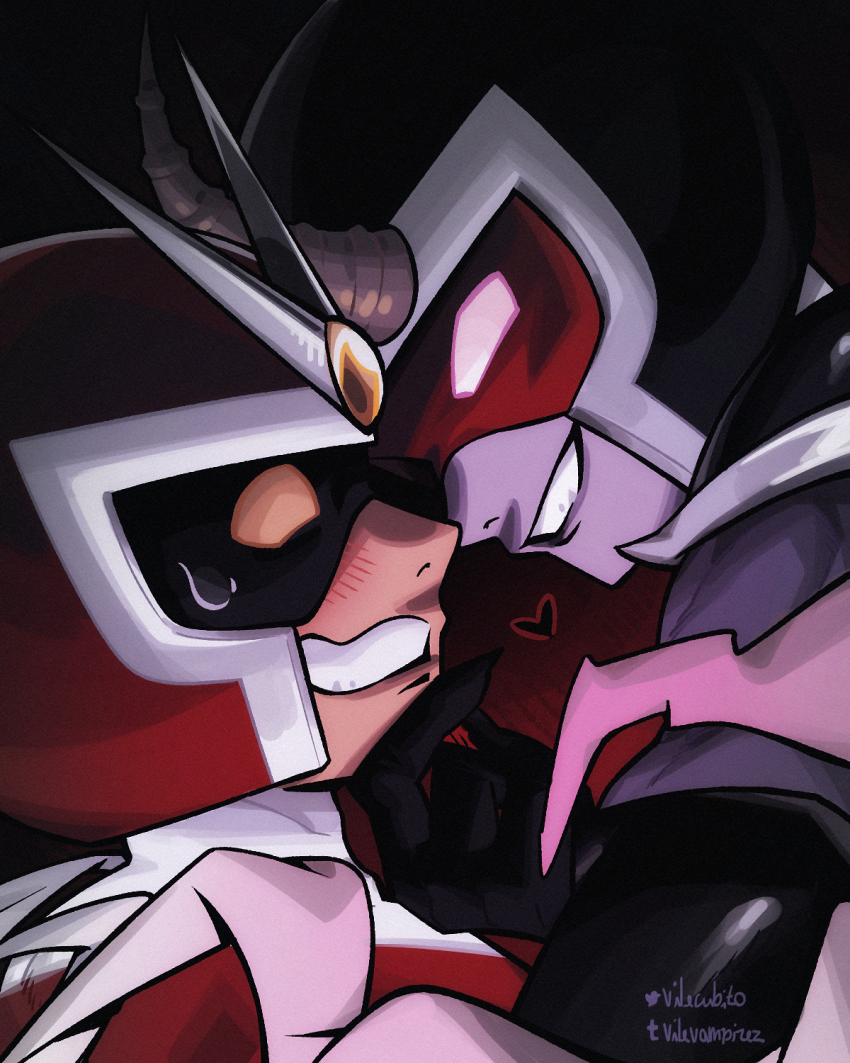 2boys alastor_(viewtiful_joe) black_bodysuit blush bodysuit colored_skin commentary_request grin hand_on_another&#039;s_chin helmet highres looking_at_another male_focus multiple_boys purple_skin red_bodysuit smile upper_body viewtiful_joe viewtiful_joe_(character) vilevampire