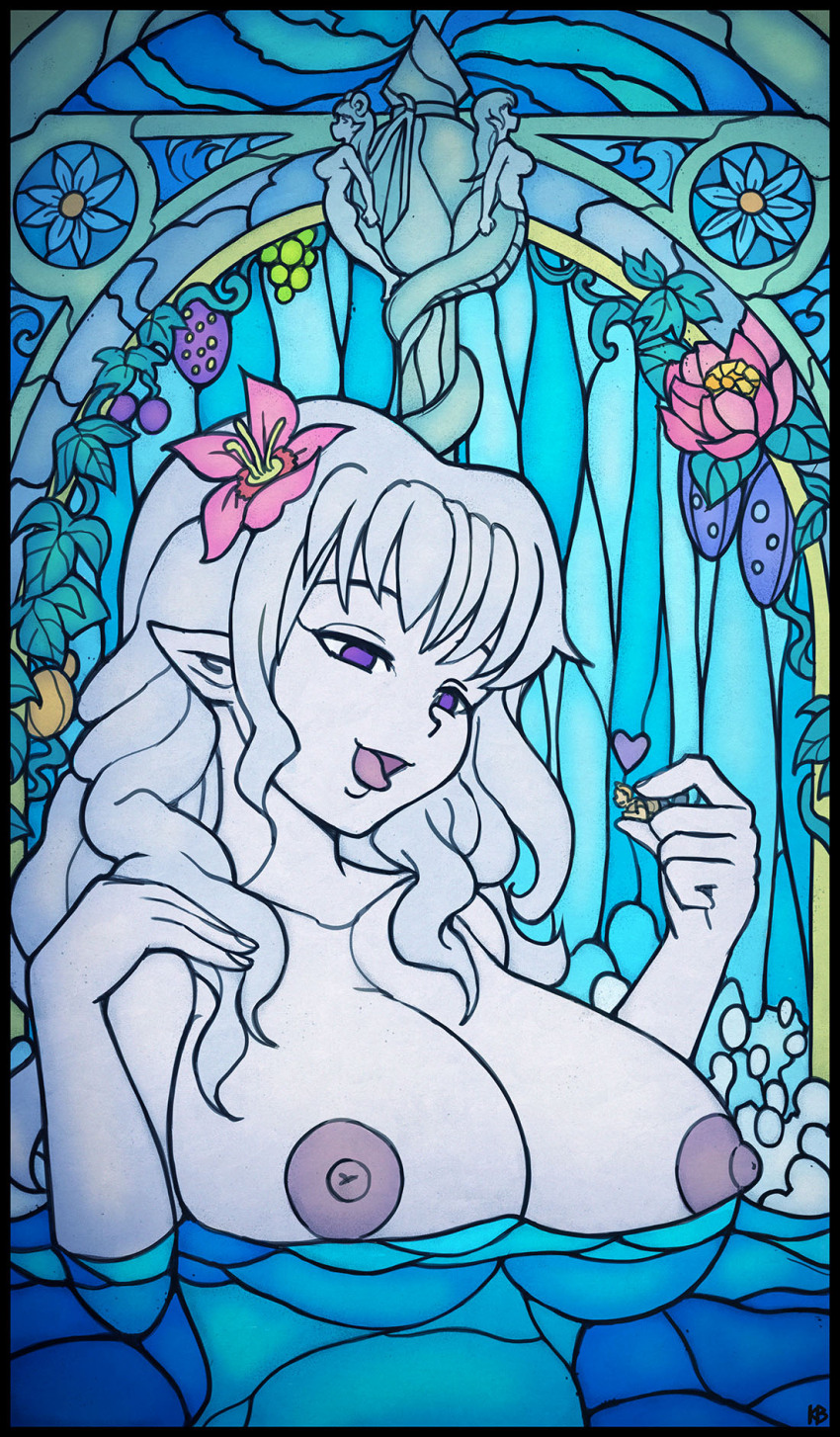 1boy 1girl breasts cleavage colored_skin demon_girl felarya flower food fruit giant giantess hair_flower hair_ornament highres jungle karbo lamia large_breasts long_hair monster_girl nature nipples open_mouth original pointy_ears purple_eyes stained_glass tongue vivian_(karbo) water white_hair