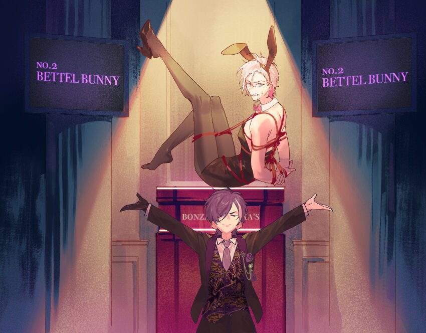 2boys a_horny_money_world_(houshou_marine) absurdres animal_ears arms_behind_back auction banzoin_hakka bdsm black_jacket black_leotard blue_eyes bondage bound bow bowtie closed_eyes collared_shirt detached_collar fake_animal_ears formal_clothes gavis_bettel hair_over_one_eye heterochromia high_heels highres holostars holostars_english jacket leg_up leotard lynnear male_focus male_playboy_bunny multiple_boys necktie outstretched_arms pantyhose pink_eyes playboy_bunny purple_hair purple_necktie rabbit_ears red_rope rope shibari shirt shoes single_shoe spotlight suit vest virtual_youtuber waistcoat white_hair