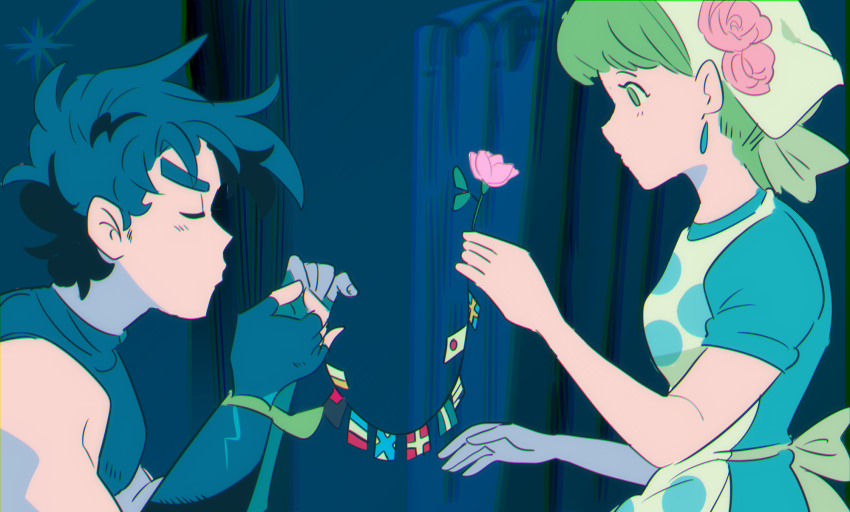 1boy 1girl apron bandana blonde_hair blue_hair castle_of_cagliostro derivative_work earrings fingerless_gloves flags_of_all_nations flower gloves gogeyama green_hair highres jewelry joseph_joestar joseph_joestar_(young) lupin_iii male_focus parody polka_dot polka_dot_apron puckered_lips scarf scene_reference string_of_flags suzi_q thick_eyebrows