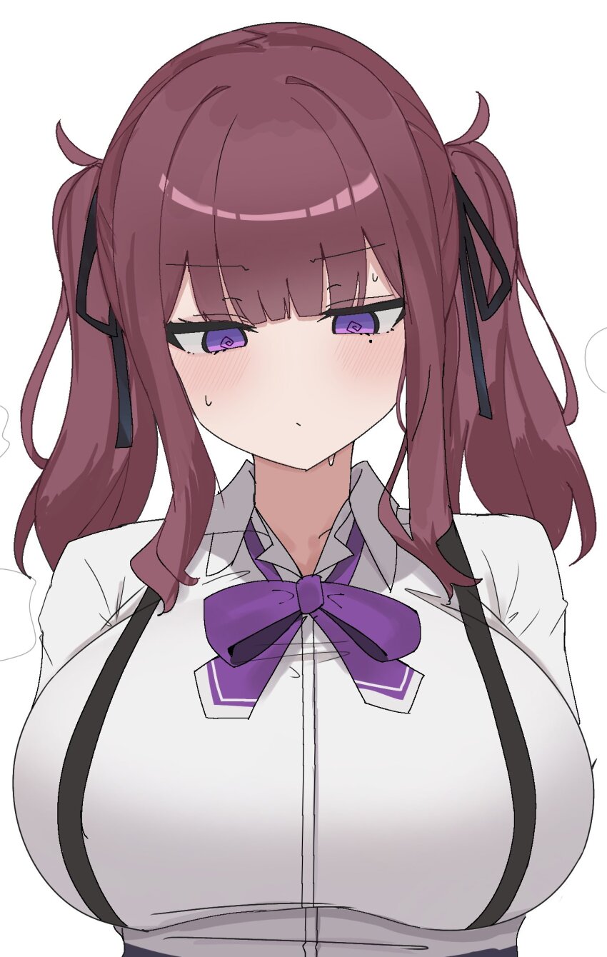 1girl @_@ black_ribbon bow breasts brown_hair cevio collared_shirt hair_ribbon highres large_breasts light_blush medium_hair mole mole_under_eye narukami_numari natsuki_karin purple_bow purple_eyes ribbon shirt solo sweatdrop twintails upper_body white_background white_shirt