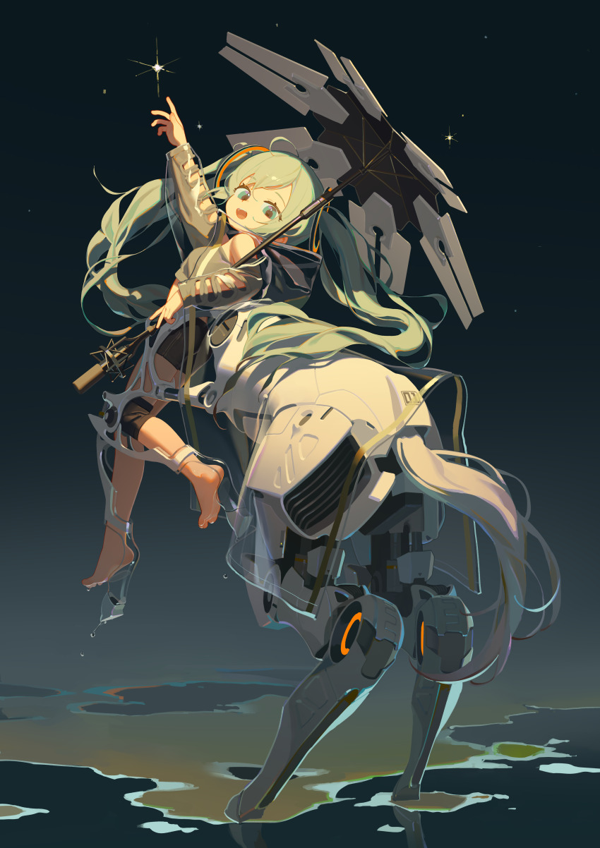 1girl absurdres ahoge arm_up bare_shoulders barefoot black_shorts blue_eyes blue_hair crop_top feet full_body grey_shirt hatsune_miku highres holding holding_umbrella hood hood_down hooded_jacket jacket long_hair long_sleeves looking_at_viewer mecha midriff off-shoulder_shirt off_shoulder open_clothes open_jacket open_mouth outdoors robot see-through_clothes see-through_jacket shirt shorts smile soles solo swept_bangs tianliang_duohe_fangdongye twintails umbrella vocaloid