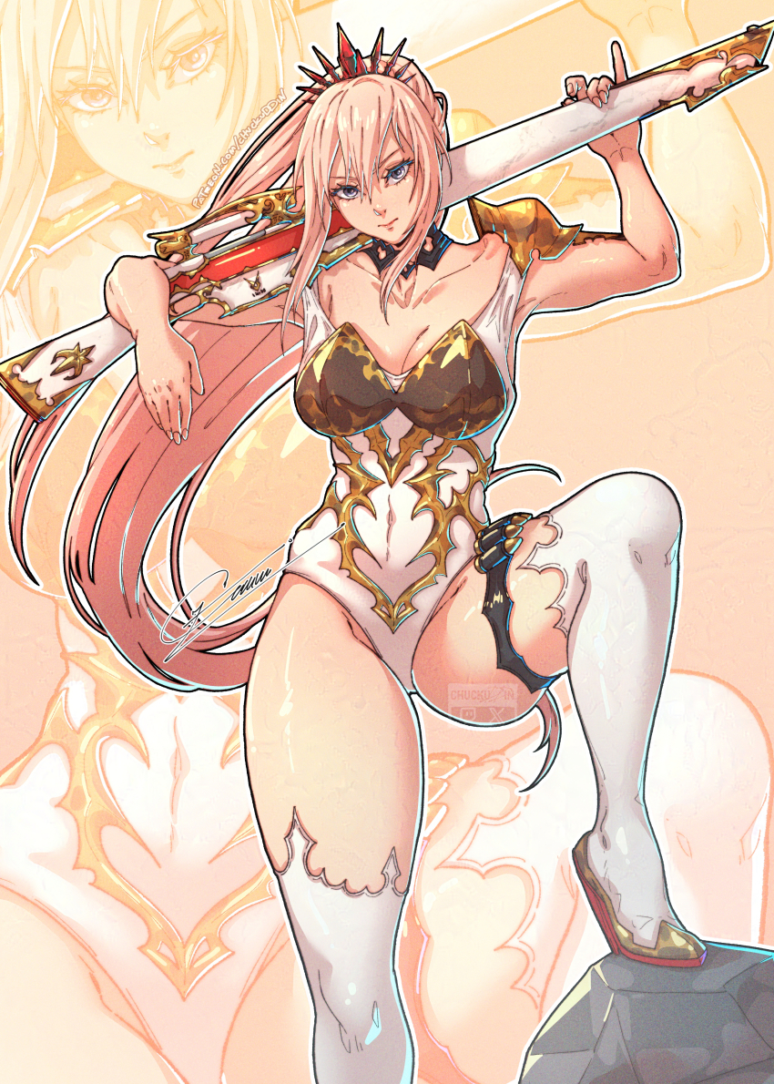 1girl absurdres adapted_costume breasts bullet chuckuddin cleavage highres holster leotard looking_at_viewer over_shoulder pink_hair ponytail shionne_(tales) solo tales_of_(series) tales_of_arise thigh_holster thighhighs thighs tiara weapon weapon_over_shoulder